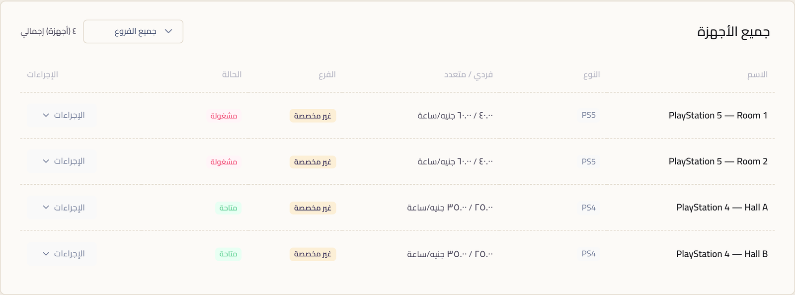 صفحة الأجهزة في Rank وفيها أربع أجهزة بنوعها وأسعارها بالساعة والفرع والحالة وزر إضافة جهاز.