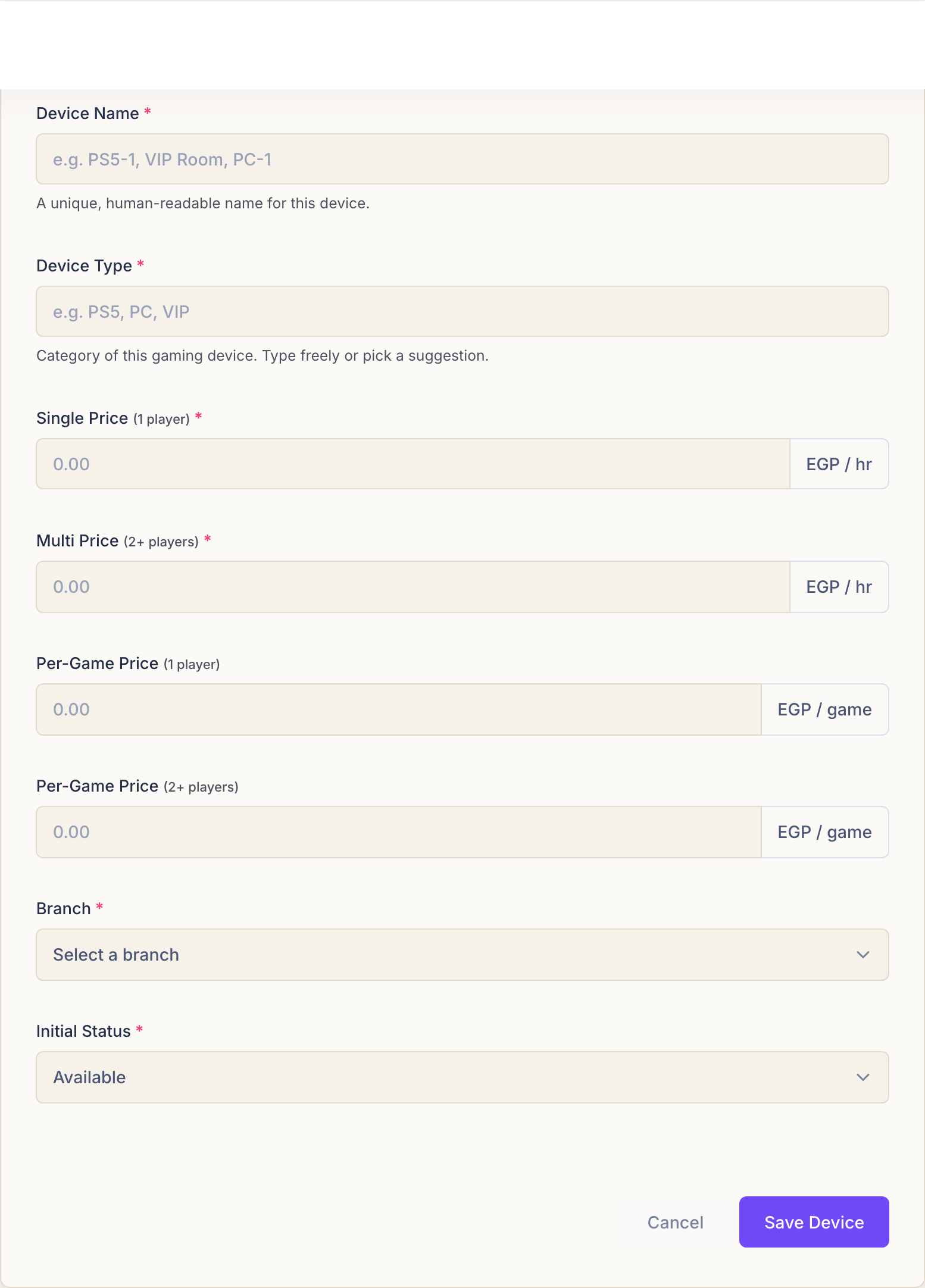 The Add Device form with fields for device name, device type, single price, multi price, per-game prices, branch and initial status.