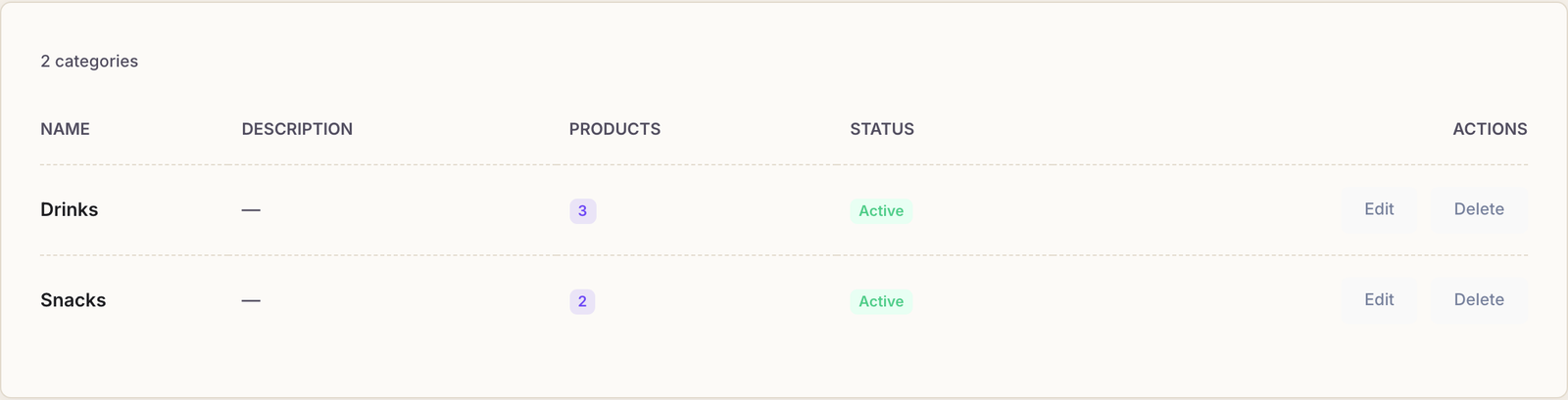 The Product Categories page listing the categories with a New Category button.