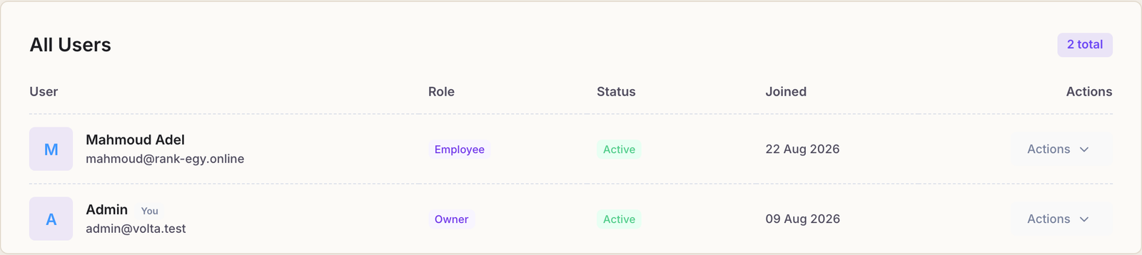 The User Management page listing the owner and an employee with their role, status and join date.