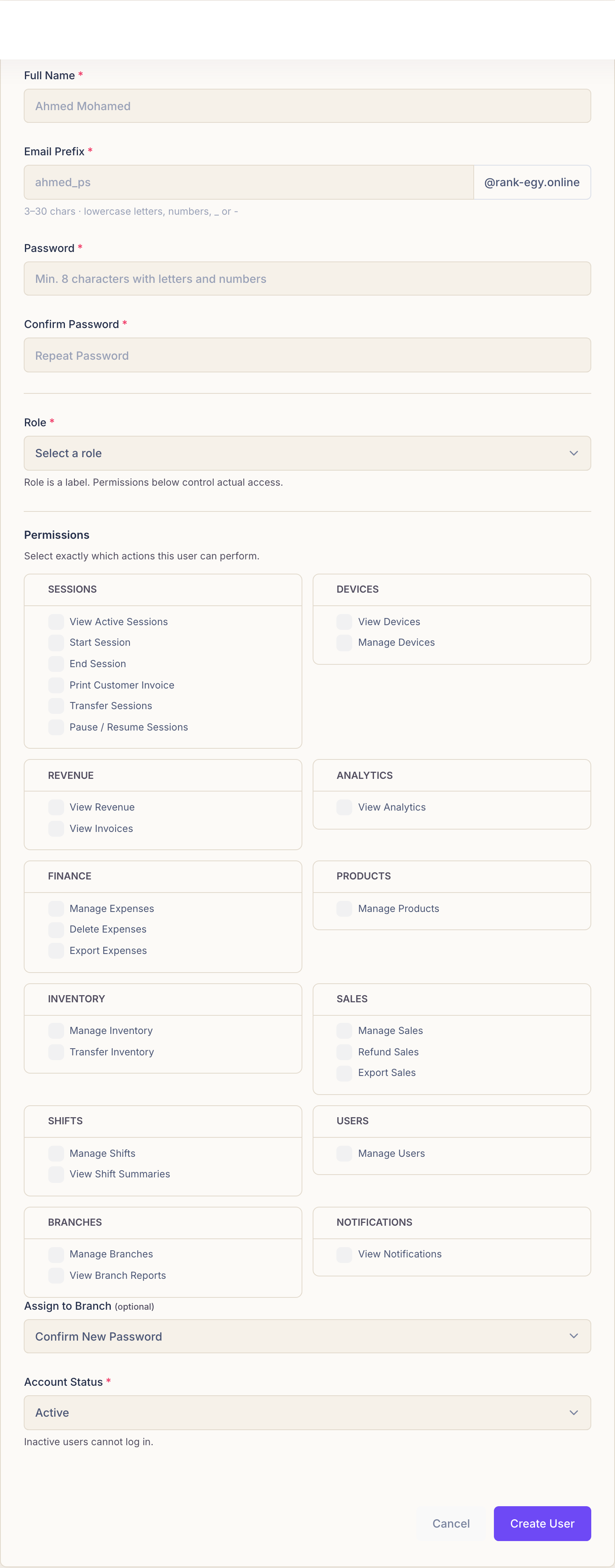 The Add User form showing account fields, a role select and the full permissions grid grouped by area.
