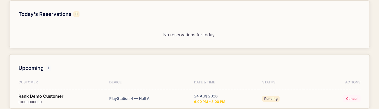 The Reservations page showing Today's Reservations and Upcoming sections with customer, device, date and time, status and actions.