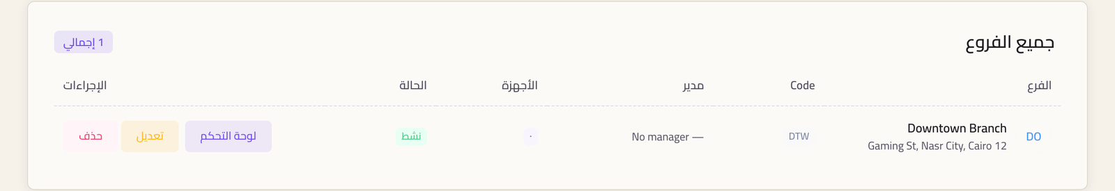 صفحة إدارة الفروع وفيها فرع واحد بكوده ومديره وعدد أجهزته وحالته.
