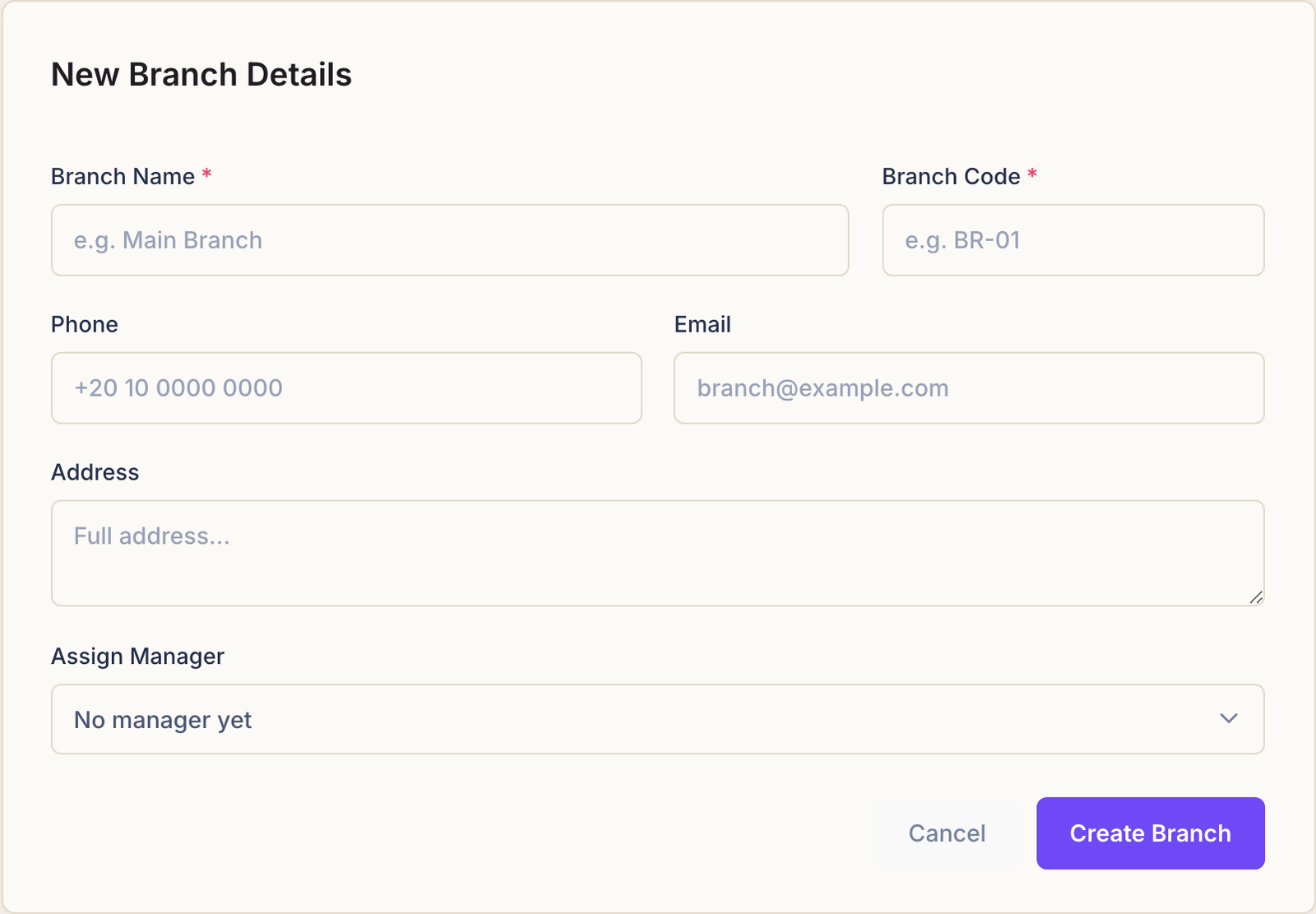 The Create Branch form with fields for branch name, code, phone, email, address and assign manager.
