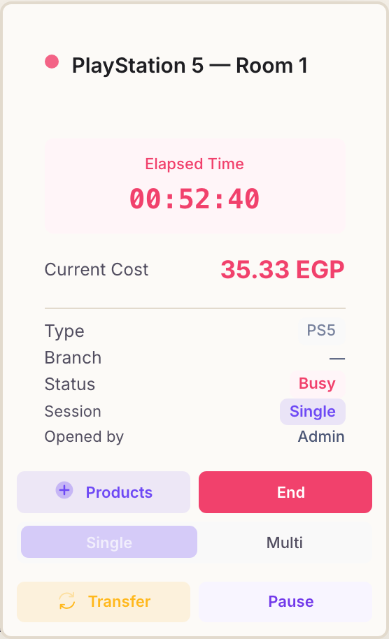 A running session card showing elapsed time, current cost, session details, and the Products, End, Single, Multi, Transfer and Pause buttons.