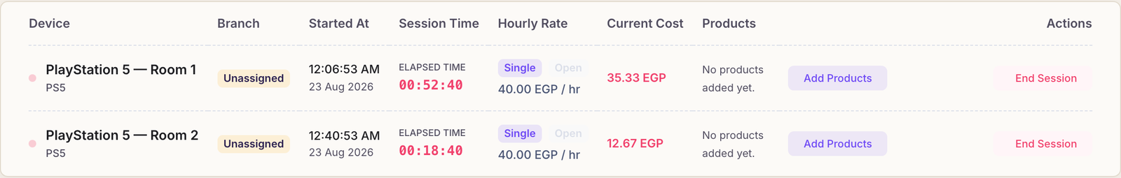 The Active Sessions page listing running PlayStation sessions with start time, elapsed time, hourly rate, current cost and actions.