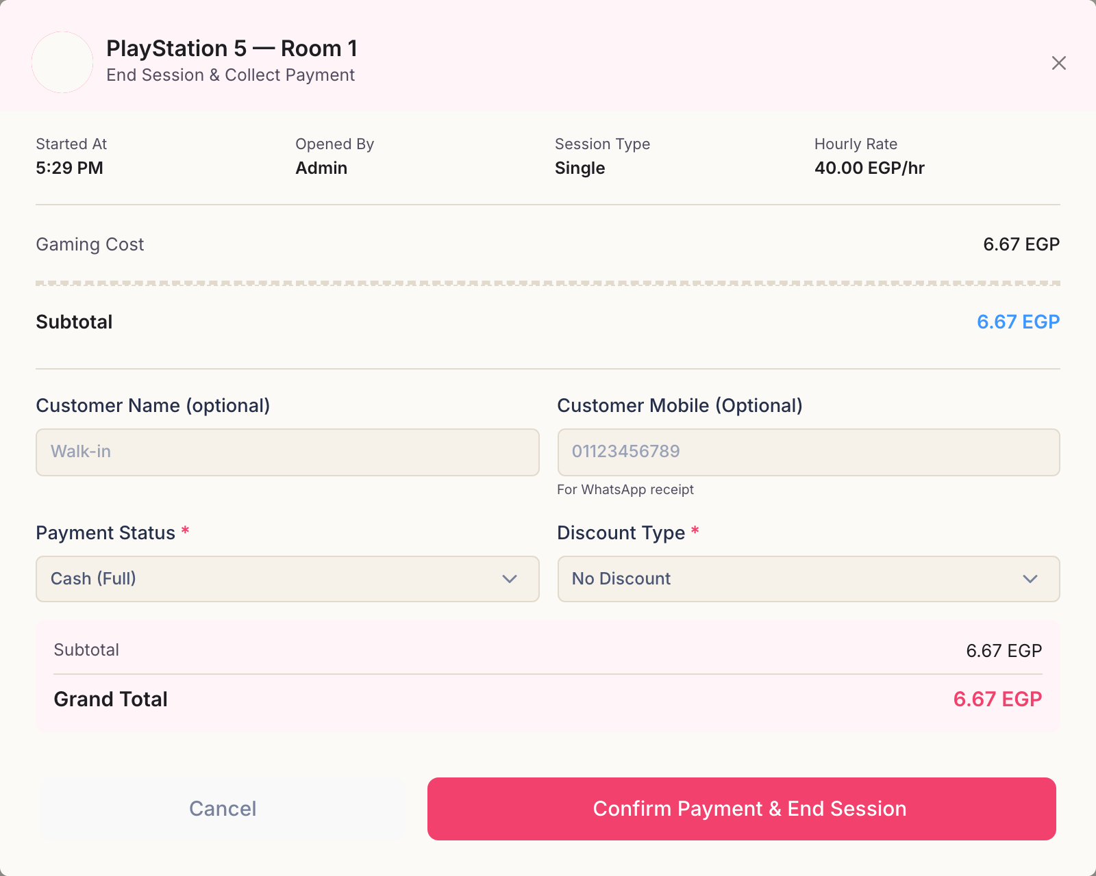 The end-session panel showing started at, opened by, session type and hourly rate, then gaming cost, subtotal, customer fields, payment status, discount type and a grand total.
