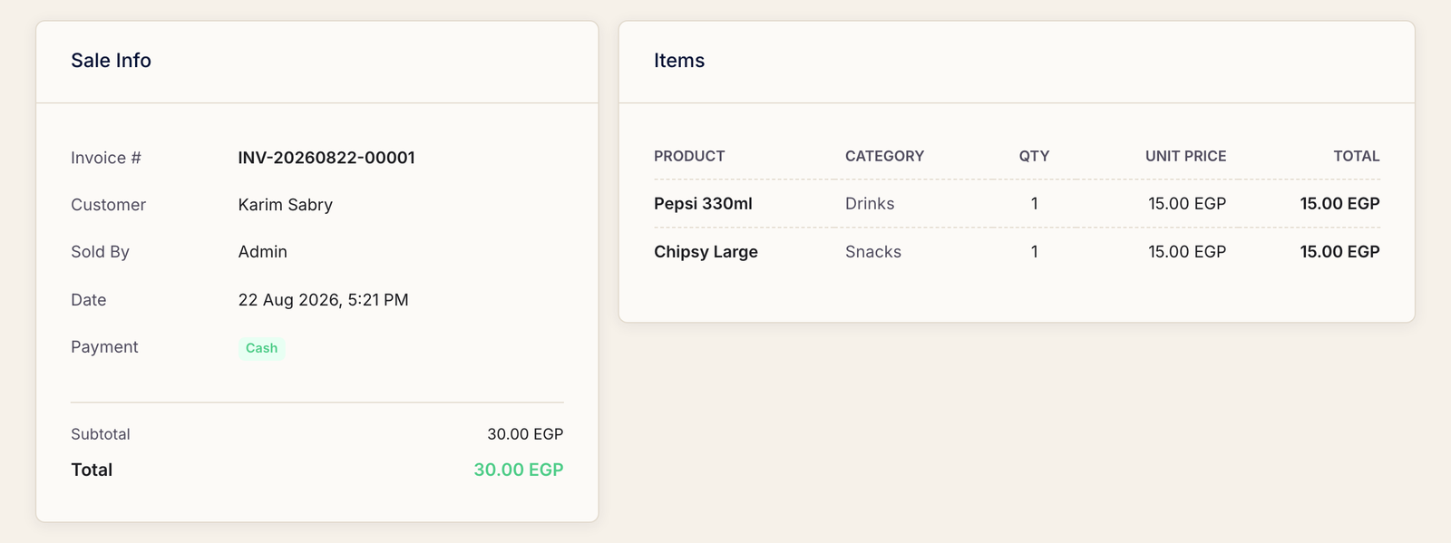 A completed sale showing the invoice number, customer, seller, date, payment method, subtotal, total and the item lines.