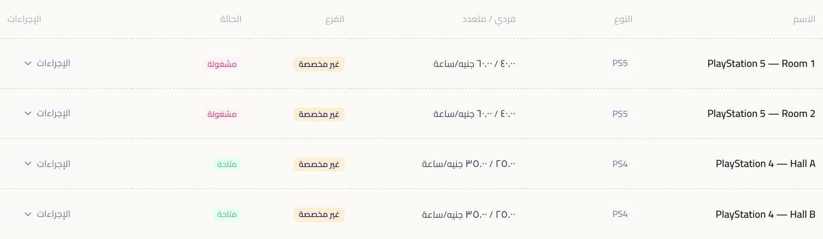 جدول الأجهزة بأعمدة الاسم والنوع والسعر الفردي والمتعدد والفرع والحالة والإجراءات.