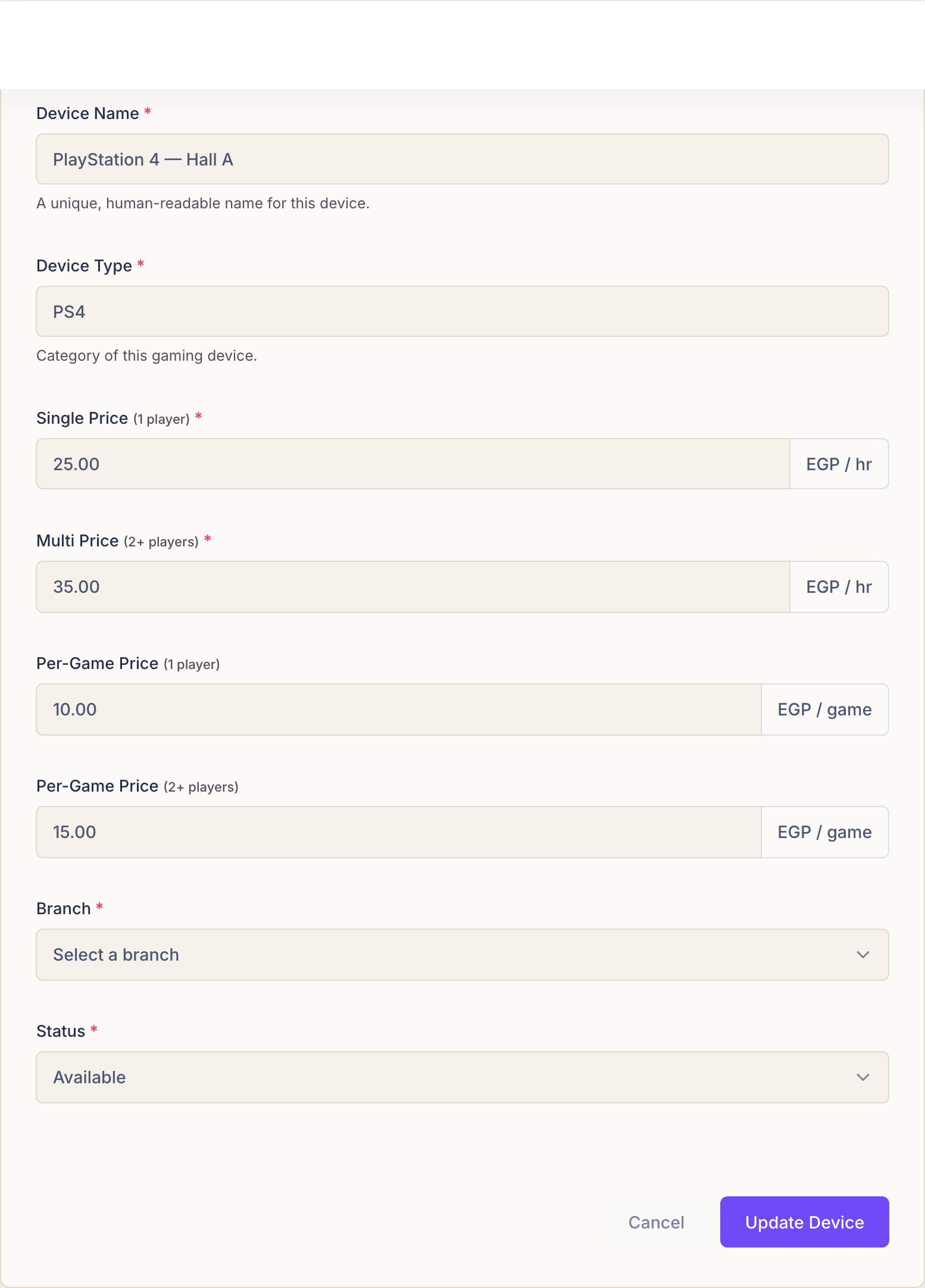 The Edit Device form showing the current name, type, single and multi hourly prices, per-game prices, branch and status.