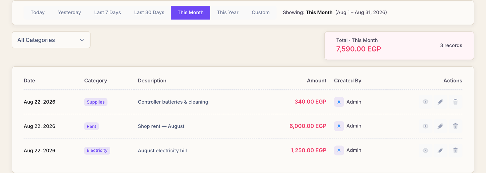 The Expenses page with period filters, a category filter, a period total and a table of expenses with date, category, description, amount and who recorded it.