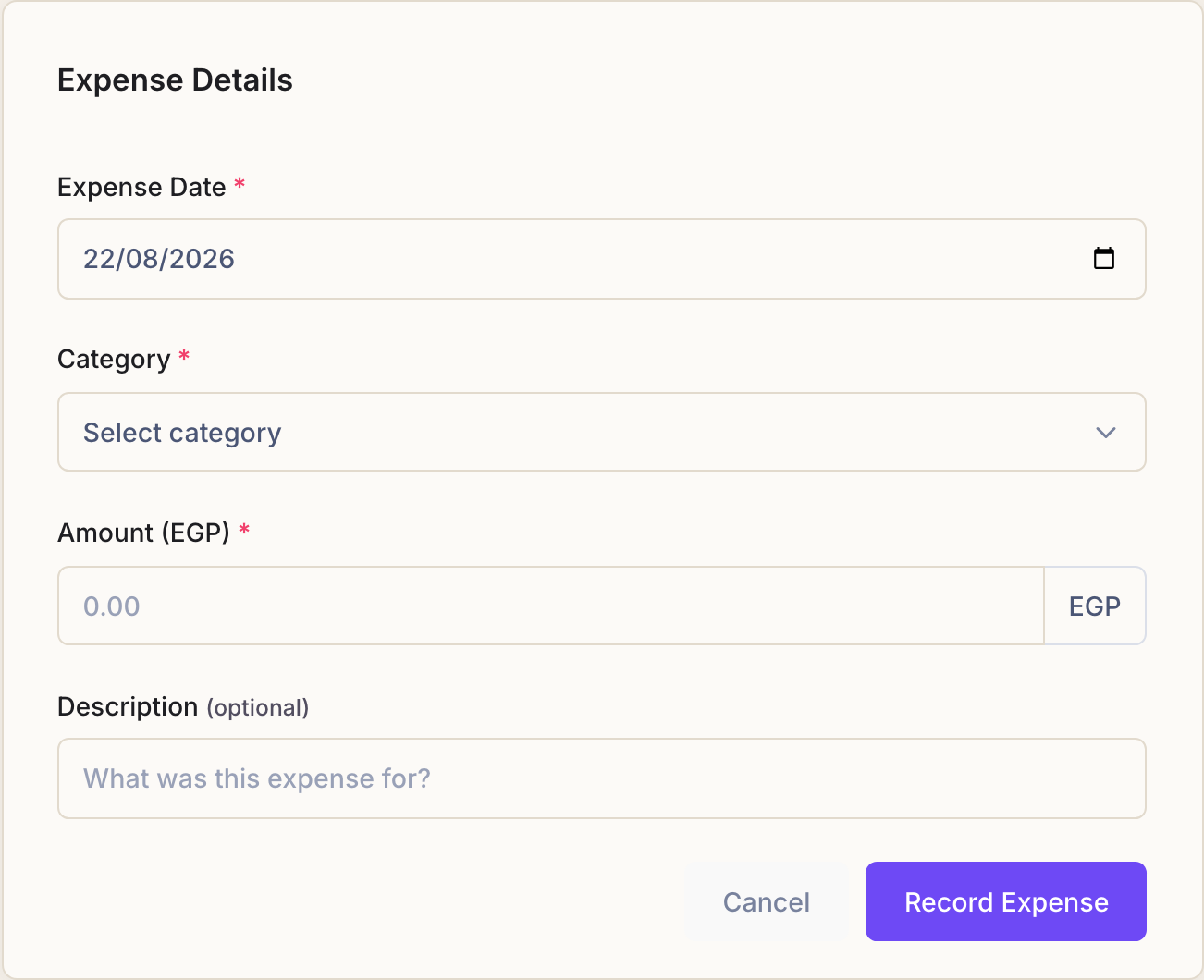 The Add Expense form with fields for expense date, category, amount and an optional description.