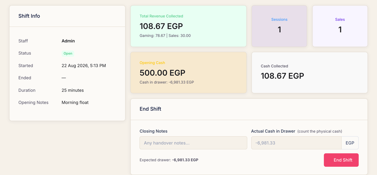 A shift summary showing staff, status, start time, duration, total revenue collected split into gaming and sales, sessions, sales, opening cash and the End Shift form.