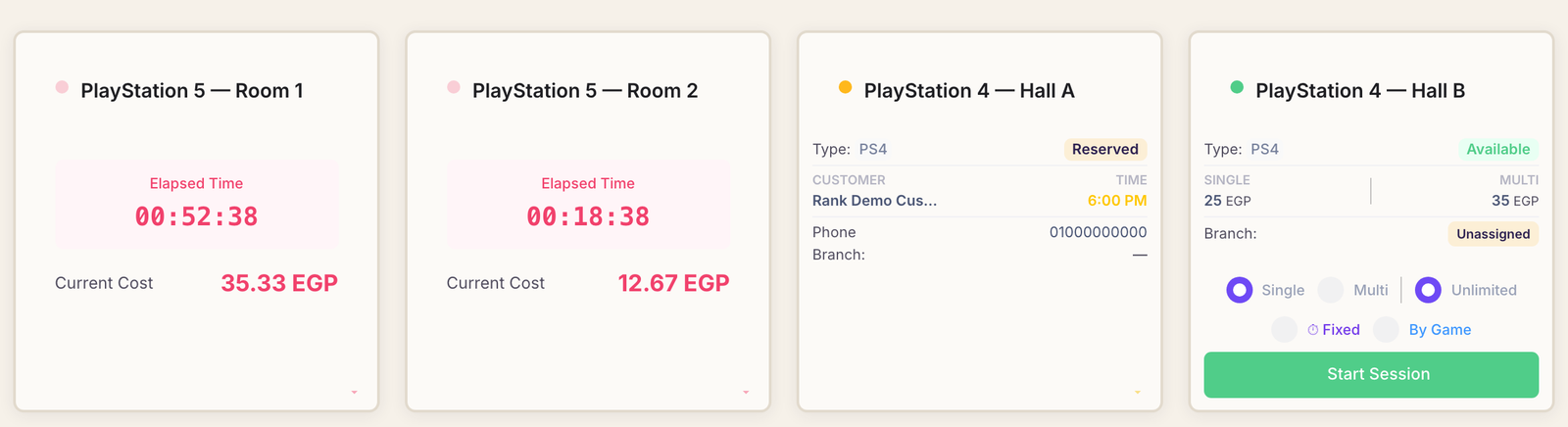 Four PlayStation cards on the Rank dashboard: two in play, one holding a booking, and one free with its hourly prices and a green Start Session button.