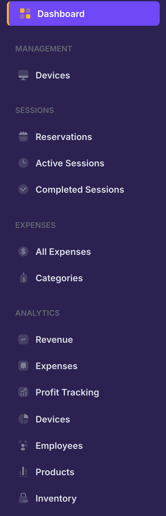 The Rank sidebar menu listing Dashboard, Sessions, Expenses, Analytics, Inventory, Sales, Shifts, Branches, Marketplace and Administration groups.